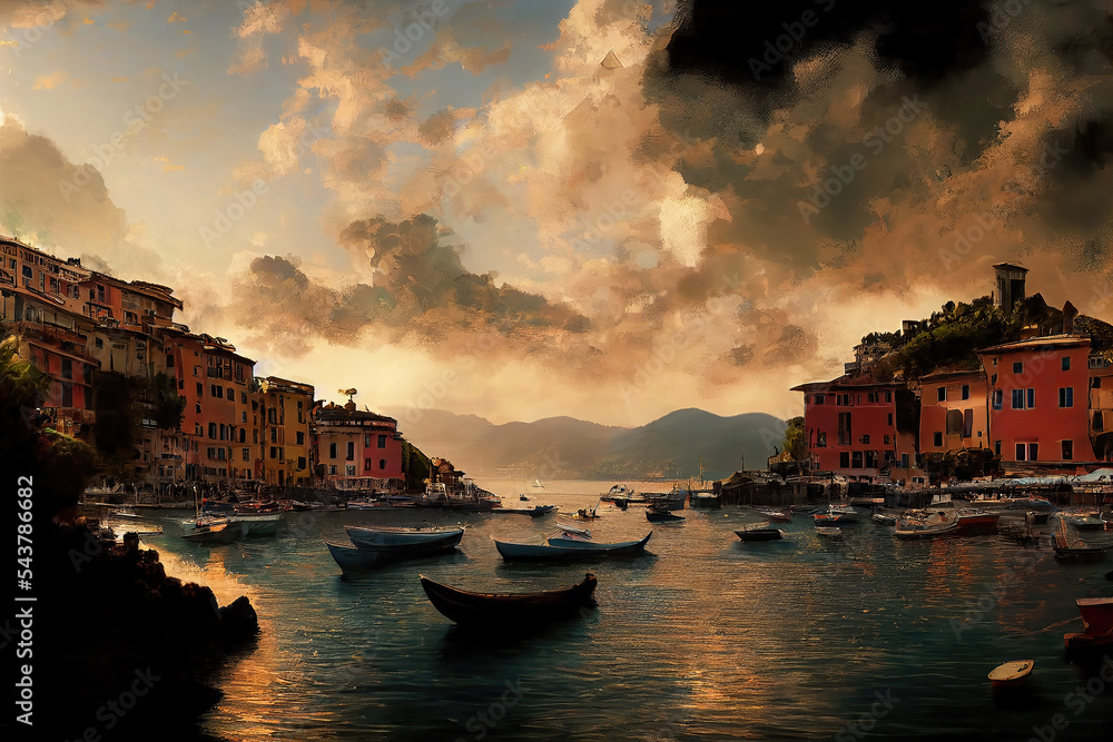 Wall mural ai generated image of sunrise at portofino - italian fishing village in liguria