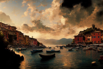 AI generated image of sunrise at Portofino - Italian fishing village in Liguria - obrazy, fototapety, plakaty