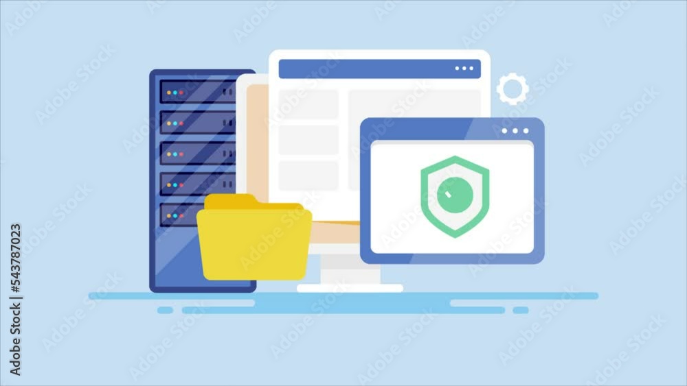 Poster web hosting service - website security for online files, cloud storage technology animation.