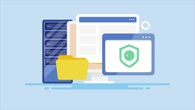 Web hosting service - website security for online files, cloud storage technology animation.