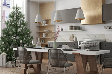 Fototapeta premium New year tree in scandinavian style interior with christmas decoration. 3D Render 