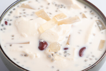 fresh milk tofu in a cup on white background Taohuai Fruit Salad
