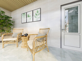 Fototapeta premium Spacious, bright and clean open balcony design of modern residence with leisure function and 3D rendering