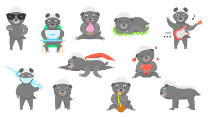 Obraz premium Set Abstract Collection Flat Cartoon Different Animal Honey Badgers Vector Design Style Elements Fauna Wildlife
