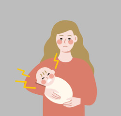 Depressed Mother holding crying newborn child. Motherhood, parenting, mental health, parenthood, depression, stress concepts. Flat cartoon people design vector isolated illustration.