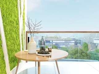 Open balcony design with green plants, 3D rendering