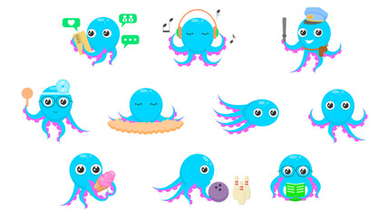 Set Abstract Collection Flat Cartoon Different Animal Blue Octopus Vector Design Style Elements Fauna Wildlife