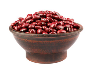Clay cup full of red beans isolated on white background. Side view .