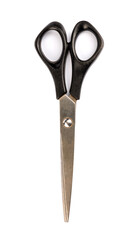 Metal scissors with plastic black handles isolated on white background.