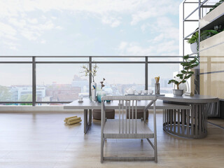 Spacious, bright and clean open balcony design of modern residence with leisure function and 3D rendering