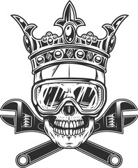 Skull with construction spanner plumbing wrench key tools and crown king, safety glasses in monochrome illustration style icon.