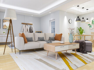 Interior design of modern residential living room, 3d rendering
