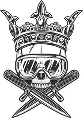 Gangster king skull in crown with crossed knife and new construction builder safety glasses isolated illustration. Skeleton of a bandit prince with crossed dagger. © 1ST CHIEF PRO