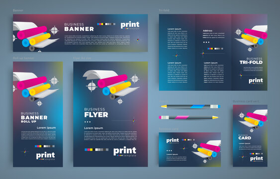 Print service identity polygraphy cmyk design vector. Paper in a printing press. Set flyer cover, tri-fold, banner, roll up banner, business card