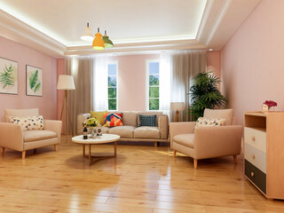 Interior design of modern residential living room, 3d rendering