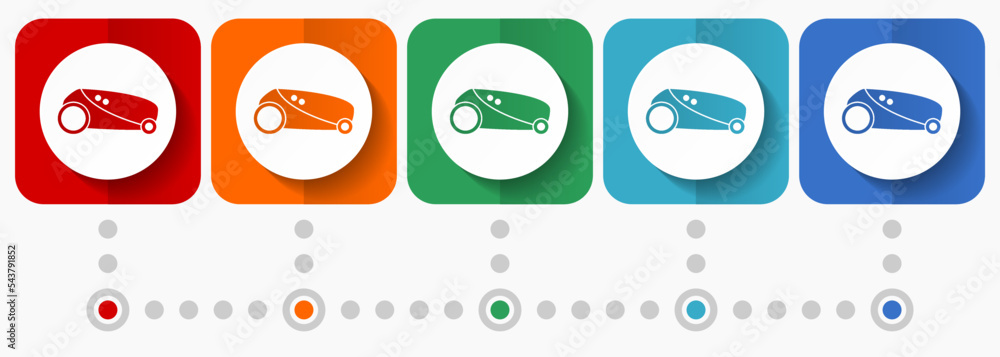 Aufkleber robot, automatic grass mower vector icons, infographic template, set of flat design symbols in 5 col