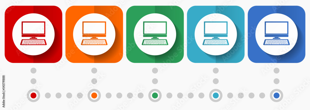 Poster computer, desktop vector icons, infographic template, set of flat design symbols in 5 color options