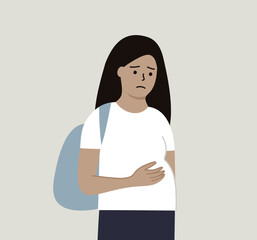 Young worried pregnant teenager girl embracing her belly with pain and shame. Unwanted, early pregnancy, education, abortion, social problem concept. Flat cartoon vector design illustration.