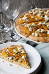 Rustic Winter Squash Pizza with onion, butternut squash, rosemary, sage, feta cheese