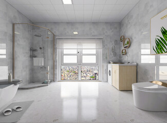 Bathroom interior design with bathtub and toilet, 3D rendering