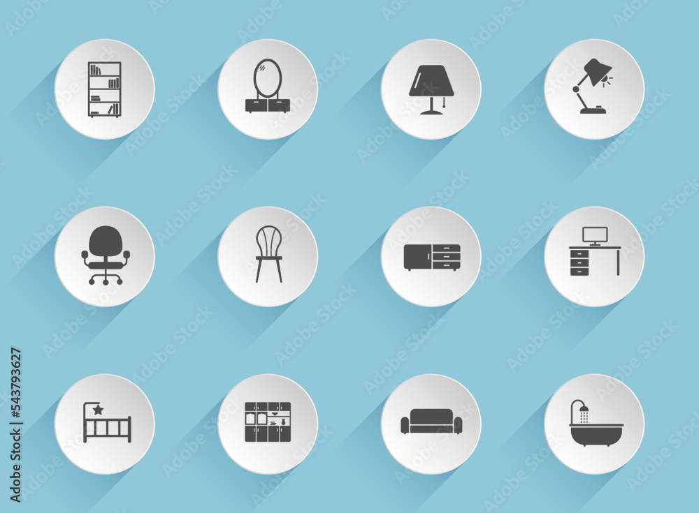 Poster furniture vector icons on round puffy paper circles with transparent shadows on blue background. fur