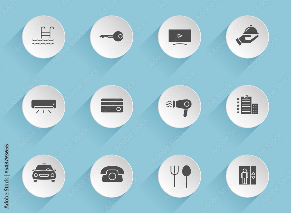 Poster hotel vector icons on round puffy paper circles with transparent shadows on blue background. hotel s