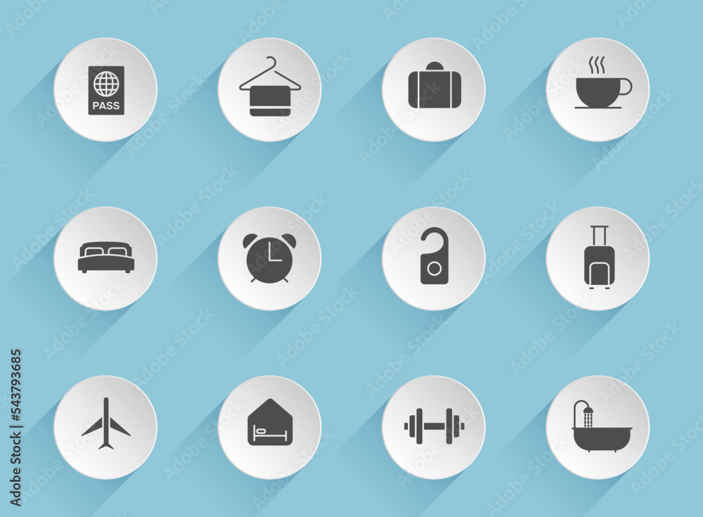 Poster hotel vector icons on round puffy paper circles with transparent shadows on blue background. hotel s