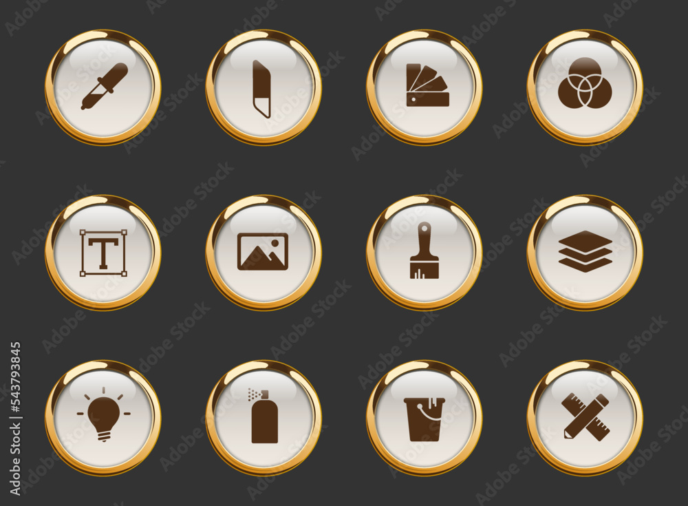 Poster art and design gold-rimmed vector icons on dark background. art and design icons in gold frame for w