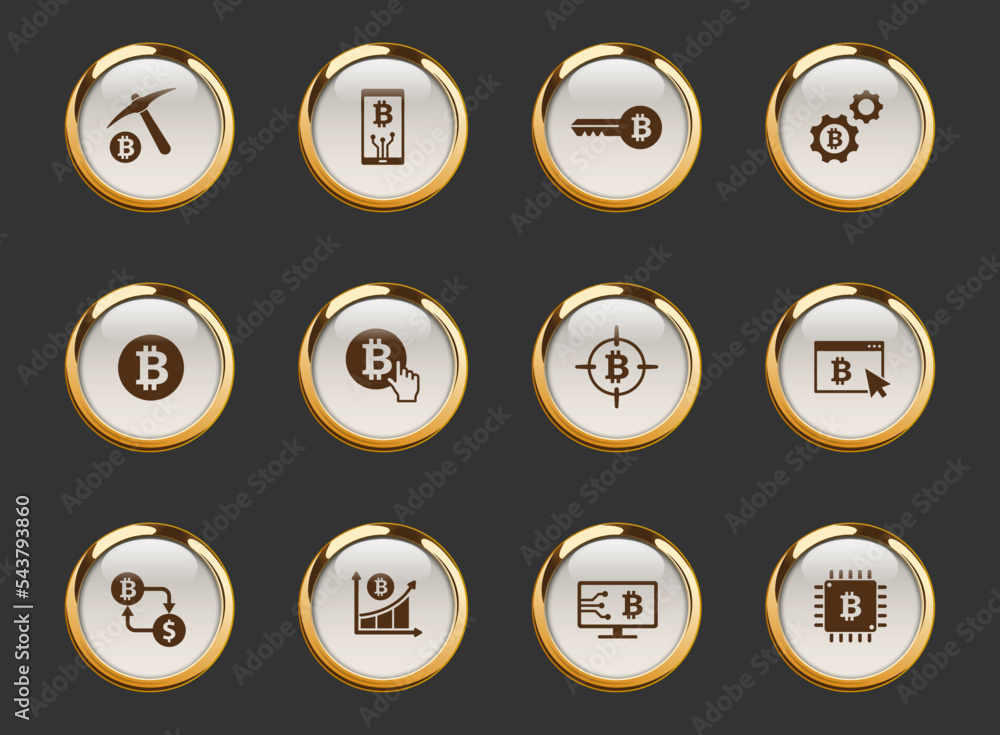 Poster bit coin gold-rimmed vector icons on dark background. cryptocurrency icons in gold frame for web, mo