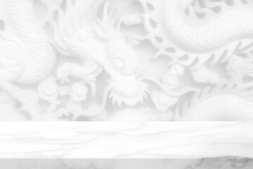 White Marble Table with Dragon Wall Background, Suitable for Chinese Product Presentation Backdrop, Display, and Mock up.