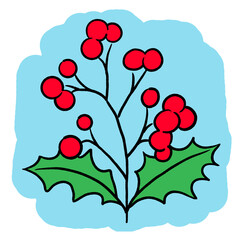 Mistletoe leaves and berries decorative element for Christmas and new year design. Traditional winter holidays green and red decoration. Hand drawn illustration, line style drawing.