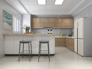 Interior design of modern kitchen, 3D rendering