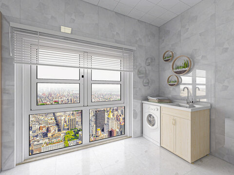 Modern bathroom interior design with bathtub, toilet, washing machine and wash basin, 3D rendering