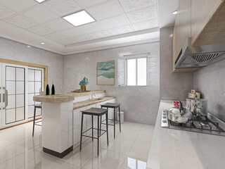 Interior design of modern kitchen, 3D rendering