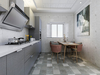 Interior design of modern kitchen, 3D rendering