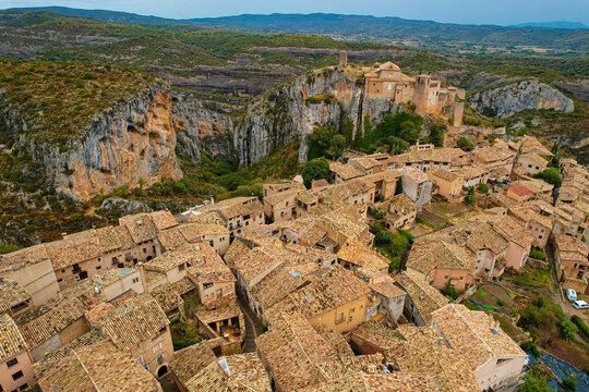 Aerial view above Alquezar village in spain, one of the Los Pueblos M&aacute;s Bonitos de Espa&ntilde;a 