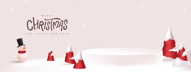 Merry Christmas banner winter landscape background product display cylindrical shape