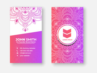 Colorful gradient mandala business card design. Bright floral ornamental elements, Indian, Asian, Arabic, Islamic, and ottoman motif, Vector illustration