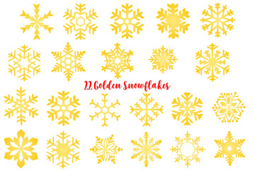 22 Golden Snowflakes collection, for Christmas greeting cards, graphic design on white background.