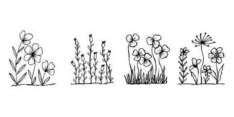 set of hand drawn blooming flowers on  flower beds in doodle style