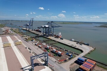 London Thamesport,Container port river Medway Kent UK drone aerial view..