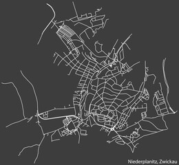 Detailed negative navigation white lines urban street roads map of the NIEDERPLANITZ DISTRICT of the German regional capital city of Zwickau, Germany on dark gray background