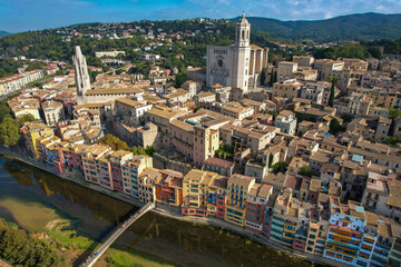 Aerial fly over view above Girona in Catalonia Spain