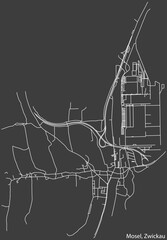 Detailed negative navigation white lines urban street roads map of the MOSEL DISTRICT of the German regional capital city of Zwickau, Germany on dark gray background