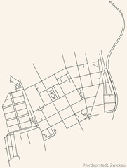 Detailed navigation black lines urban street roads map of the NORDVORSTADT DISTRICT of the German regional capital city of Zwickau, Germany on vintage beige background