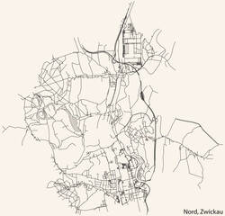 Detailed navigation black lines urban street roads map of the NORD MUNICIPALITY of the German regional capital city of Zwickau, Germany on vintage beige background