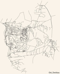 Fototapeta na wymiar Detailed navigation black lines urban street roads map of the OST MUNICIPALITY of the German regional capital city of Zwickau, Germany on vintage beige background