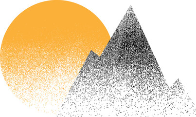 Mountain silhouettes with sun.  Snowed peaks in sunset.  Brush strokes. Mountain landscape . Summit and sunset logo .Vector