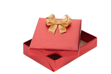 Red gift box with gold ribbon bow.