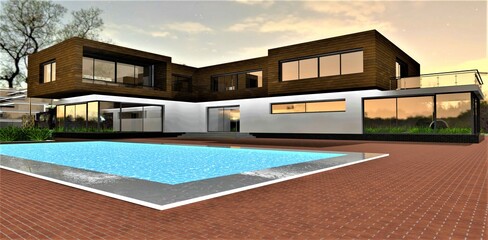 Beautiful evening in a cozy yard of the contemporary dwelling with pool. Red brick paving around. 3d rendering.